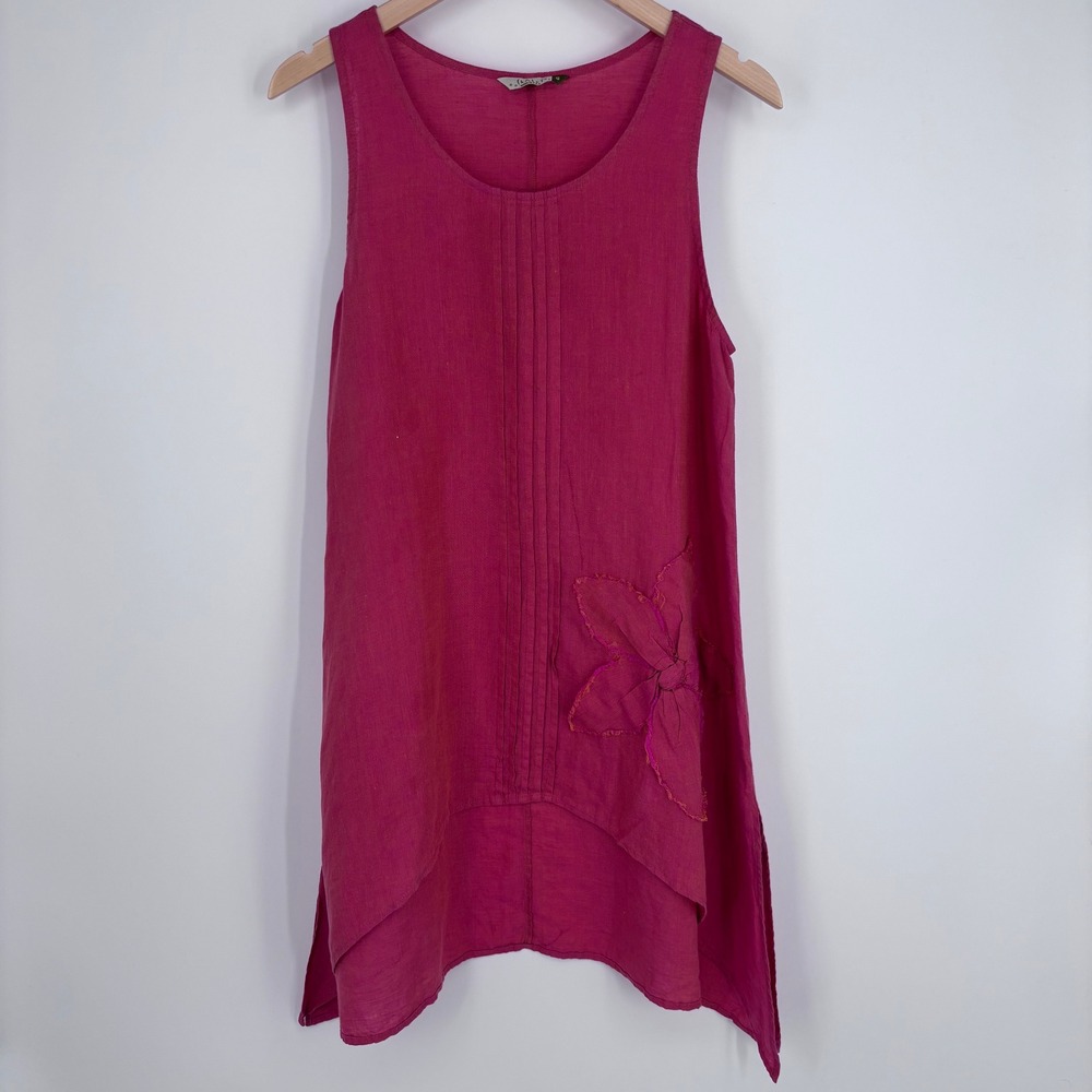 Chalet Linen Tunic Tank Dress Womens S Pink Pintuck Flower‎ Asymmetric Lagenlook